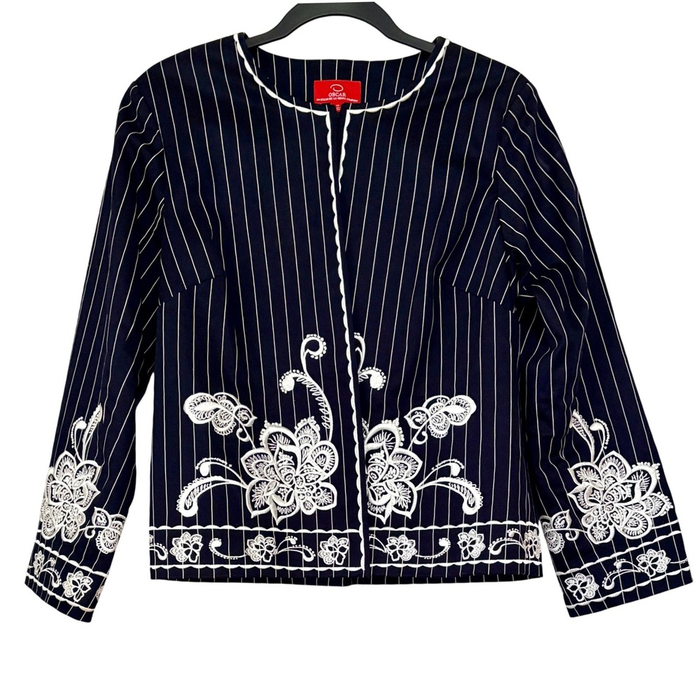 Oscar de la Renta Navy Pinstripe Floral Embroidered Cropped Jacket 12 Quiet Lux